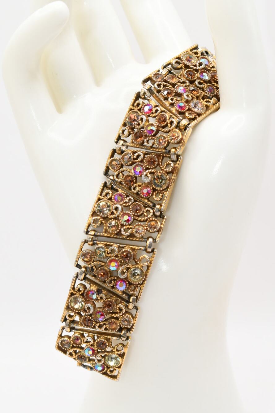 Vintage AB Rhinestone Link Bracelet Gold Tone Filigree 7 Inch Wide